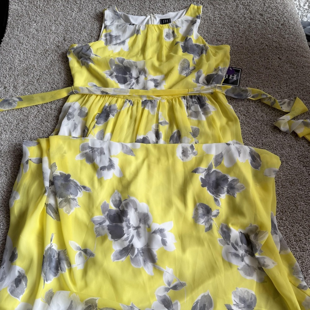 JH Dress Womens 18 Yellow Floral Sleeveless Maxi Chiffon Belted Zip Sundress